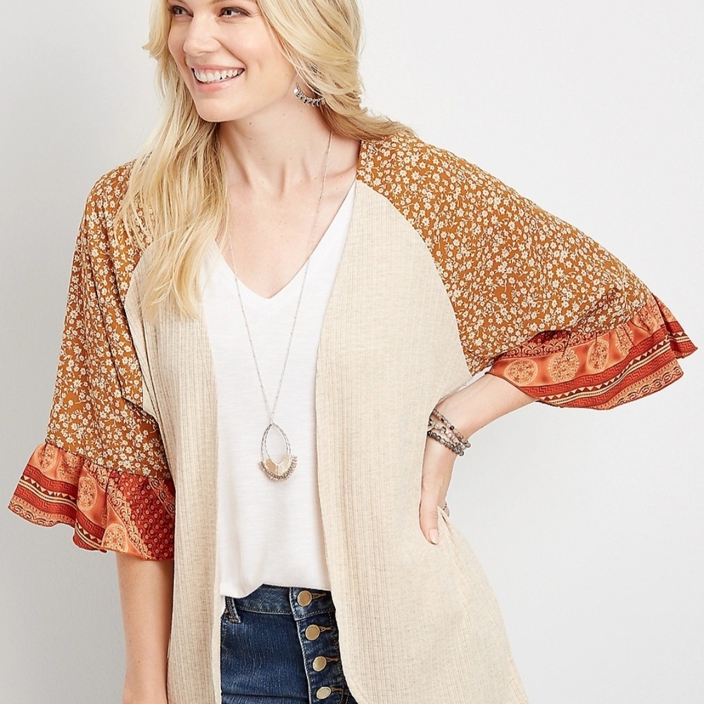 Maurices Floral Kimono with White and Tan Accents